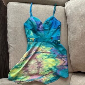 NBD Blue and Yellow Ruched Babydoll Dress
